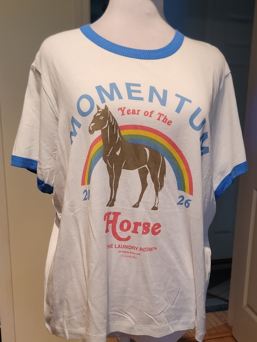 The Laundry Room White 'Momentum Horse' Graphic Ringer T-Shirt - Blue Trim